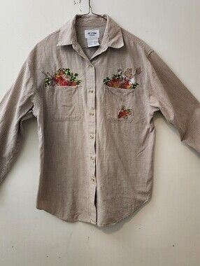Solutions Original Vtg Button-Up Shirt M Brown Gingham Fall Pumpkin Embroidered